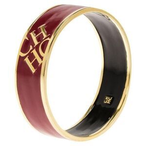 CH CAROLINA HERRERA Red Enamel Gold Tone Wide Bangle Cuff Bracelet Designer